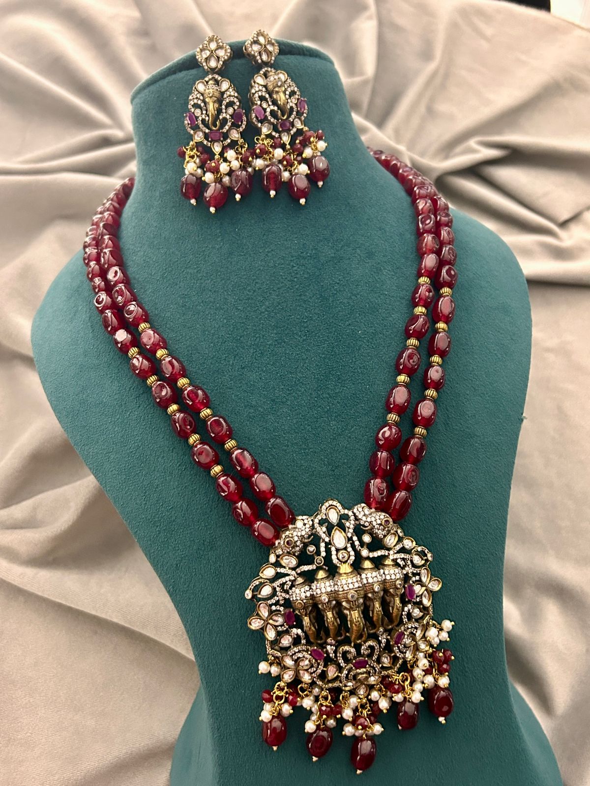 Ruby Beads Heritage Necklace Set with Temple Design – Traditional Bridal Jewellery